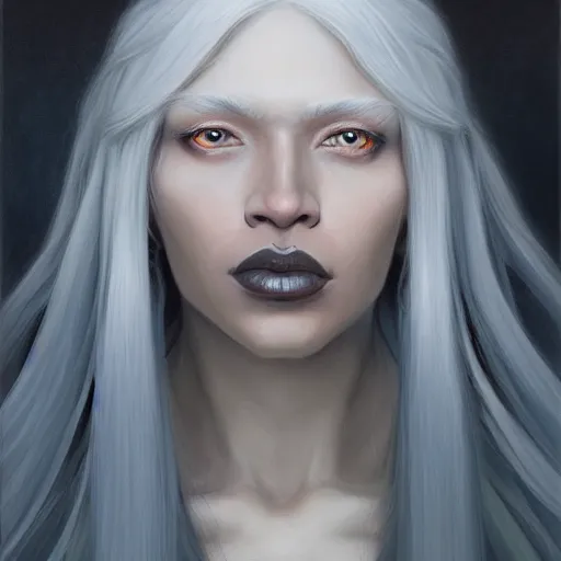 Image similar to a detailed matte oil on canvas head on symmetrical portrait of black skinned woman with! long white hair! and ( ( ( pale greenish ) ) hair, clothed by charlie bowater, lise deharme, wlop, trending on artstationhd, dungeons and dragons art critical role