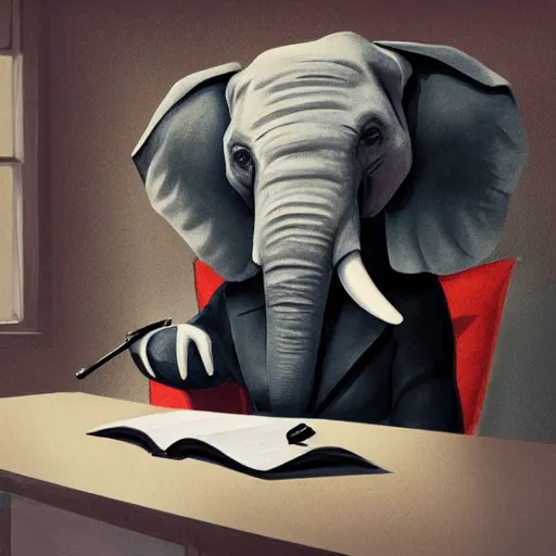 Image similar to an elephant as a secretary in 50's office, digital painting, artstation