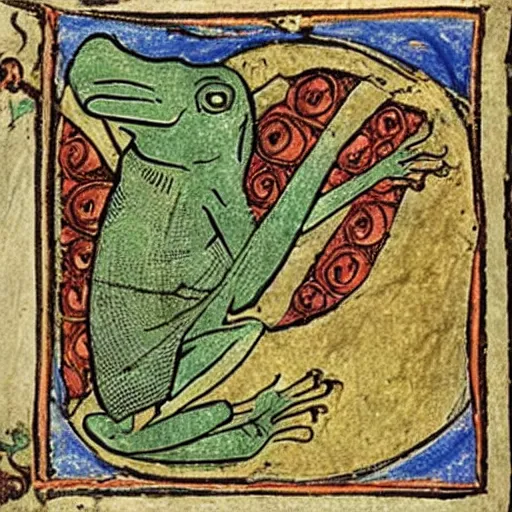 Image similar to medieval illustration of a frog practicing alchemy, illuminated manuscript