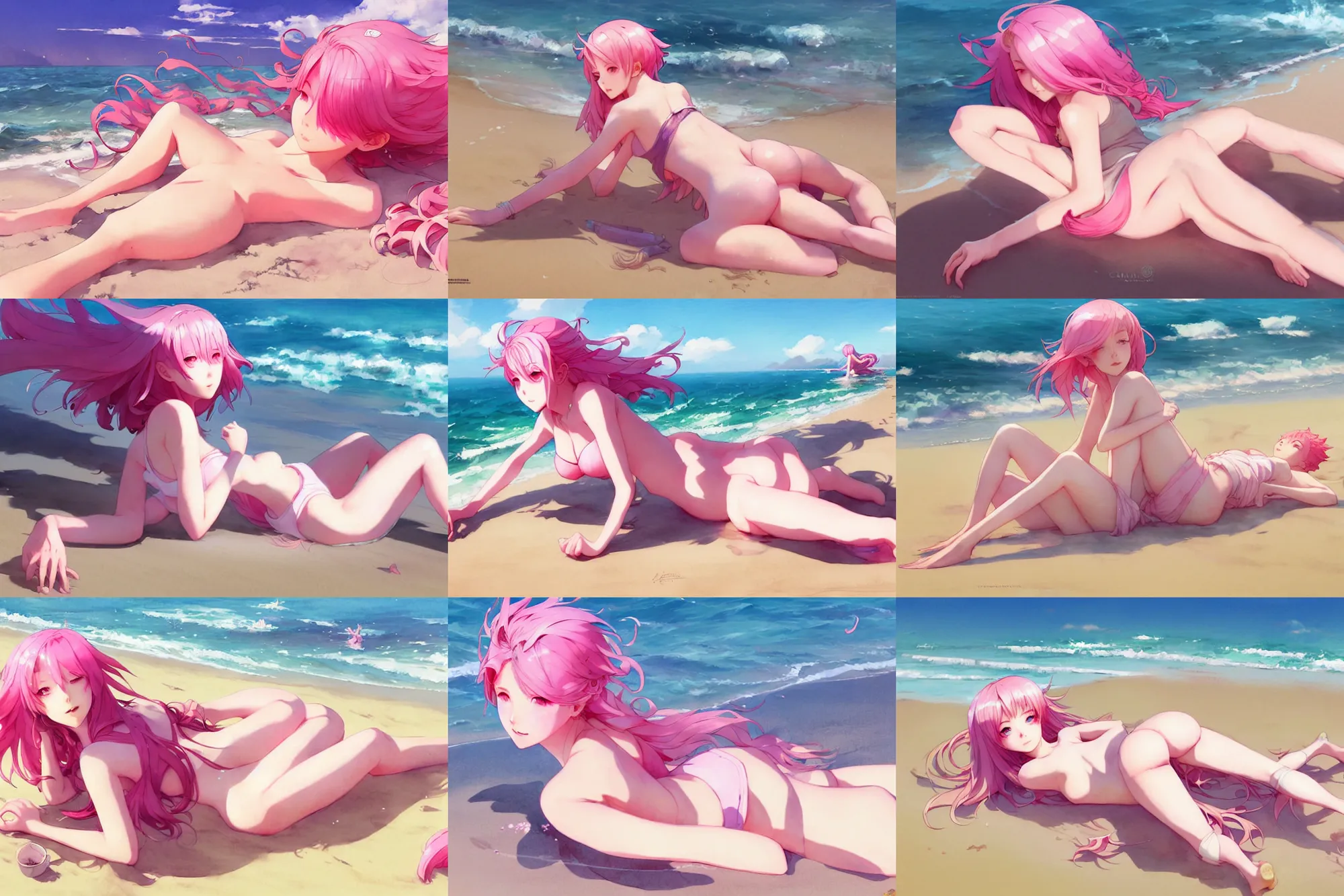 Prompt: a girl with pink hair laying on the beach, a beautiful full body illustration, top lighting, perfect shadow, soft painting, leaning towards watercolor, art by hidari and krenz cushart and wenjun lin and akihiko yoshida and caidychen and wlop and artgerm