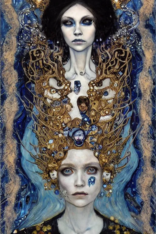 Image similar to The Princess of Bones by Karol Bak, Jean Deville, Gustav Klimt, and Vincent Van Gogh, portrait of a porcelain princess wearing a crown in catacombs, porcelain ball-joint doll face with blue painted tattoos, pale blue eyes, hair made of shimmering ghosts, mystic eye, otherworldly, crown made of bones, catacombs, ornate jeweled crown, skulls, fractal structures, arcane, inscribed runes, infernal relics, ornate gilded medieval icon, third eye, spirals