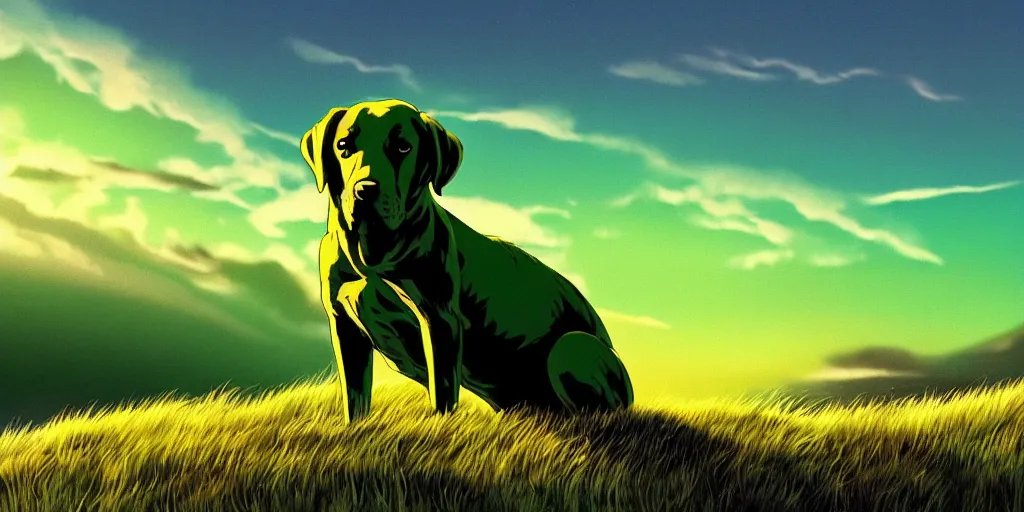 Prompt: hyperrealist, graphic novel illustration of a bulky green alien labrador retriever with shaggy green fur with green dye sitting on a grassy hill, dramatic sunset with red sky and fluffy clouds, pulp 7 0's sci - fi vibes, 9 0's hannah barbara fantasy animation, cinematic, movie still, studio ghibli masterpiece