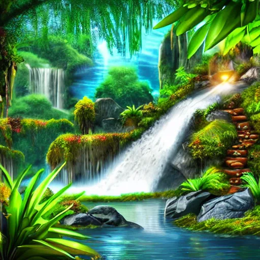 Image similar to beautiful jungle landscape with waterfalls, stones, rocks, plants, flowers, sun rays, warm, sunny, realistic digital art