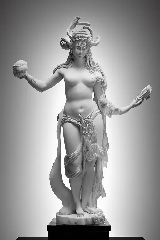 Prompt: a complex and baroque statue of the goddess Astarte in white marble, intrincate and ornate, studio lighting, museum photography, 4k, black background, 90mm, sharp focus