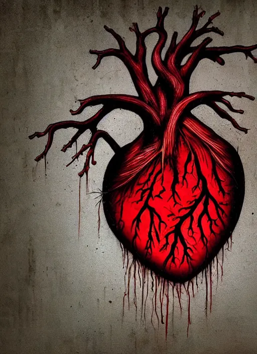 Image similar to dripping anatomical human heart with roots growing above it, sadness, dark ambiance, concept by godfrey blow, graffiti by banksy, featured on deviantart, sots art, lyco art, artwork, photoillustration, poster art, black and red