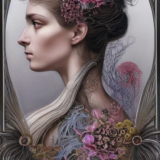 Image similar to portrait of a young pretty woman in flowing dress, arrogant, mysterious, long fine flowing hair, delicate, looking at camera, realistic face, intricate, stylish, elegant, grimdark, flowers, extremely detailed photograph by Martine Johanna and Ernst Haeckel and Greg Rutkowski