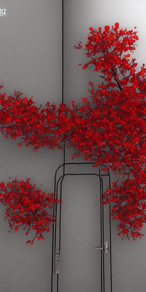 Prompt: 3 d photographic render of gate sculpture with red sakura flowers made of chrome, chrometype, made of liquid metal, neotribal with thorns and thunders, cyberpunk, raytracing, hyper realistic, volumetric lightning, 8 k, by zhelong xu and ouchh studio