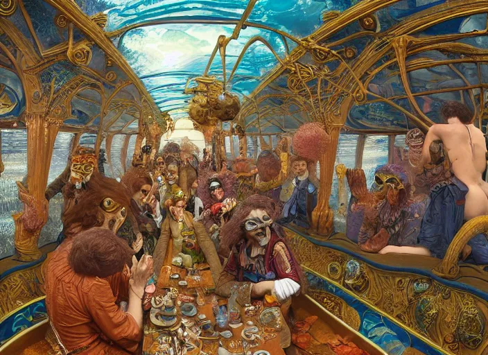 Prompt: incredibly beautiful breaktakingly detailed painting of the inside of the ornate underwater train to atlantis, various amazingly wonderful bizarre cool weird characters sat down, extreme closeup, by ford maddox brown and kilian eng and william powell frith and frederic leighton, ultra wide angle, 4 k