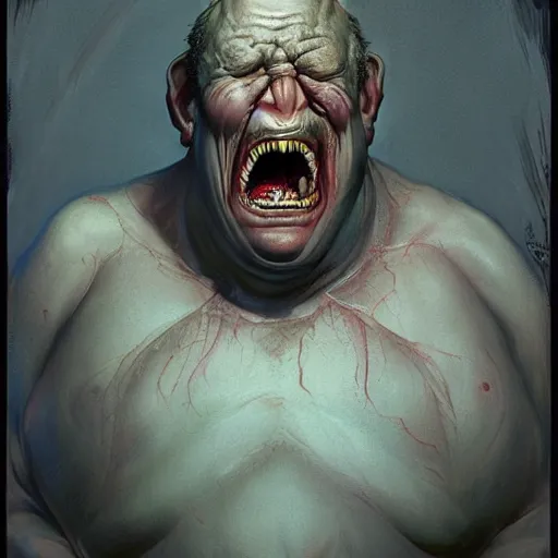 Prompt: photoreal upper body portrait of a bloated demonic man, by norman rockwell and boris vallejo, artstation, horror, concept creature character art