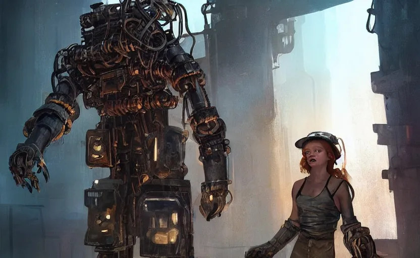 Prompt: machine monster grabs sadie sink dressed as a miner : concept art for a scifi cyberpunk film. by by cedric peyravernay, grzegorz rutkowski, john j. park, jason chan, noah bradley, feng zhu and gintas galvanauskas. sharp focus, cinematic atmosphere, detailed and intricate environment, perfect hand anatomy, realistic eyes