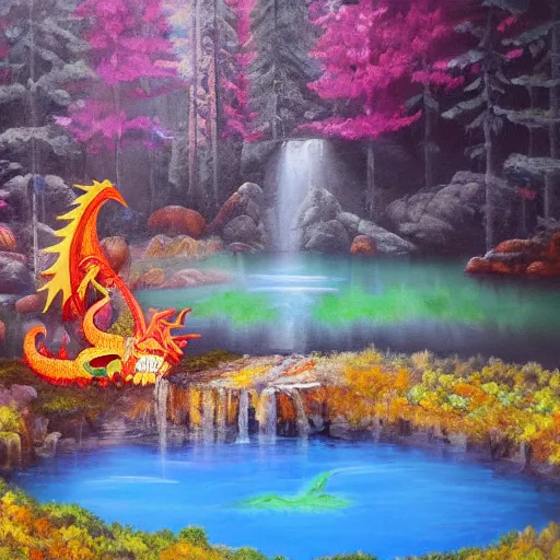 Prompt: highly detailed oil painting of a colorful hotspring with forest backdrop, focus is on a dragon, featured on artstation