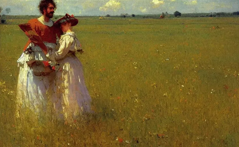 Image similar to high quality high detail painting by ilya repin, a couple in the field, hd