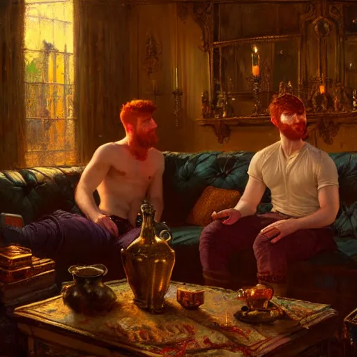 Image similar to attractive male mike with ginger hair and attractive male tyler with brunet hair, drinking their hearts out, in their noble mansion, at night. highly detailed painting by gaston bussiere, craig mullins, donato giancola 8 k
