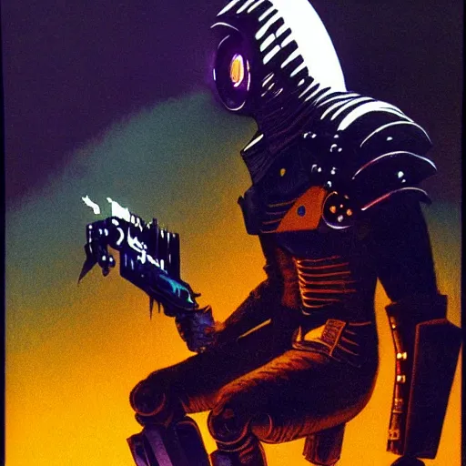 Prompt: cyberpunk knight, by jack gaughan, pulp, sci - fi, atmospheric lighting, painted, intricate, ultra detailed