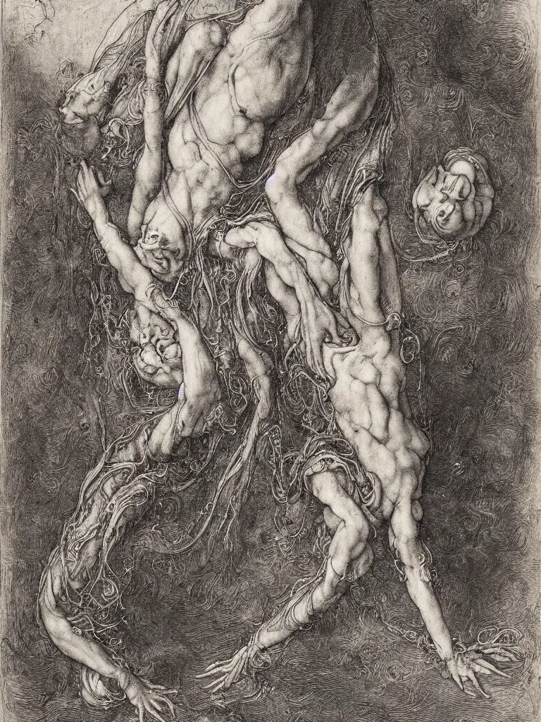 Image similar to A strange elongated boy meditating in a lotus position, upside down on a thread, like a spider. Painting by Albrecht Durer and Gustave Doré, ink on paper