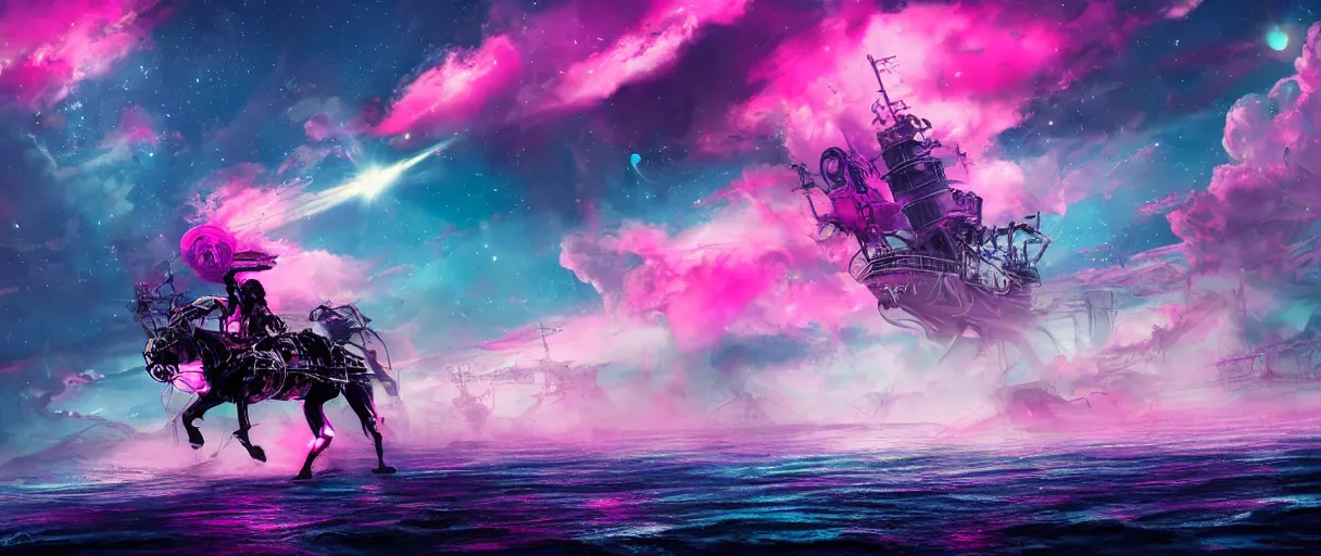 Image similar to space, a horse - drawn, a mechanical horse with a pink mohawk drives a pirate spaceship, punk, hyperdetailed illustration, stars, pink, neon, oil painting, rich deep colors masterpiece, pirate neon ship, ultra detailed, contrast, heaven pink, clouds, volumetric light, atmospheric lighting, dramatic, cinematic, moody, octane render 4 k, 8 k