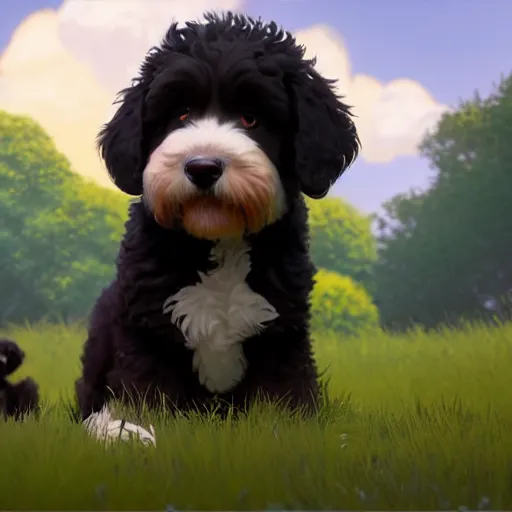 Image similar to a wholesome animation key shot of a black bernedoodle puppy, studio ghibli, pixar and disney painting, sharp, rendered in unreal engine 5, key art by greg rutkowski, bloom, dramatic lighting