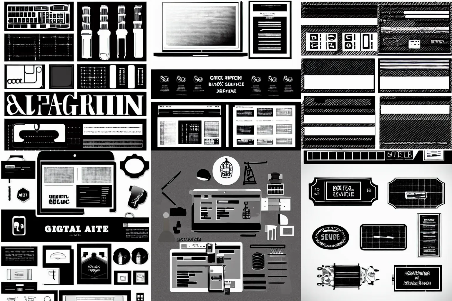 Prompt: digital grunge black and white service and repair vector asset pack