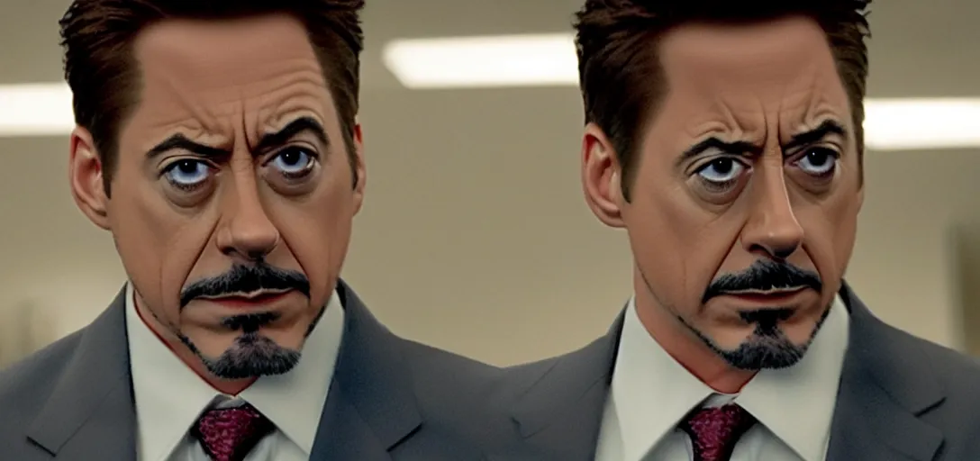 Prompt: a very high resolution image of tony stark. from an episode of the office with micheal scott. photorealistic, photography