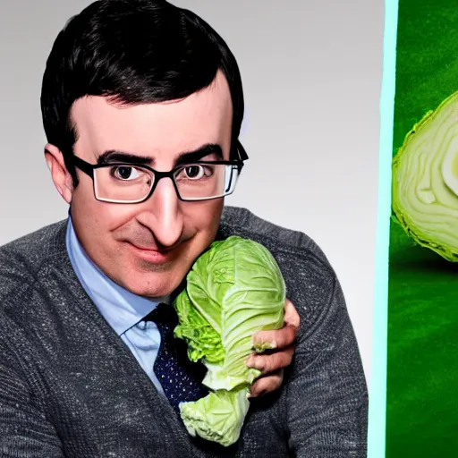 Prompt: john oliver holding his half human half cabbage baby