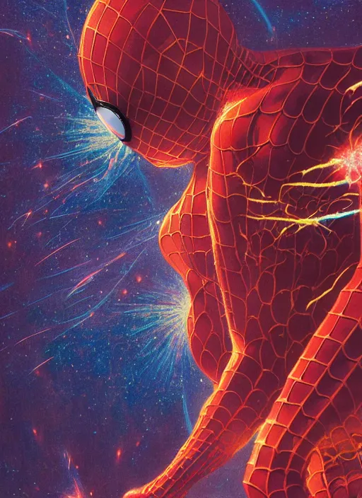 Image similar to cinematic still of Marvel Cosmic Spider-Man by Hiroshi Yoshida, Jean Moebius Giraud, Zdzisław Beksiński, wayne barlowe, Gerald Brom,James Jean. Cosmic Supernova Galaxies, explosion of stars background. beautiful natural volumetric light, rendered in octane, 8k,