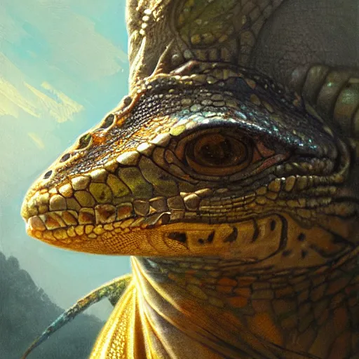 Image similar to lizard jesus, close up, reptilian, intricate, elegant, highly detailed, digital painting, artstation, concept art, smooth, sharp focus, illustration, art by greg rutkowski and alphonse mucha