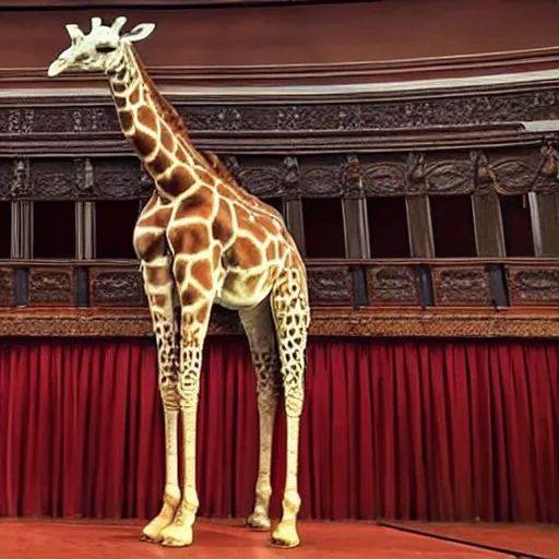 Image similar to a giraffe with a tie and pants on the spanish congressional stage