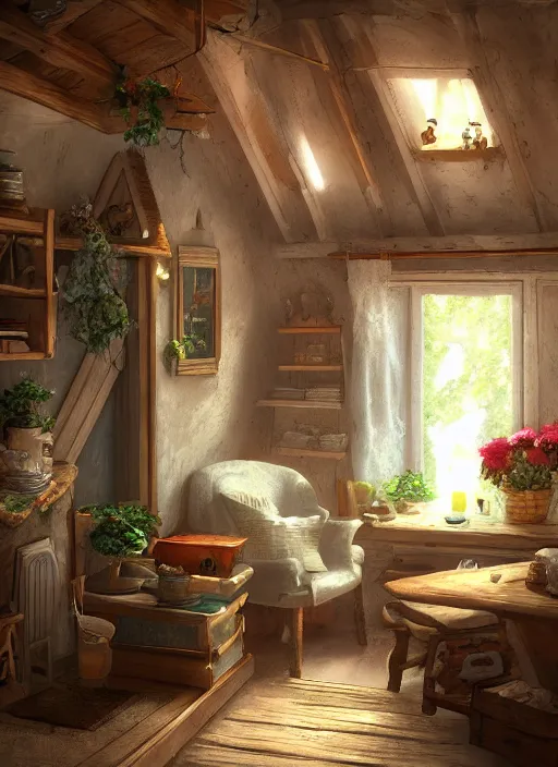 Image similar to beautiful interior of a cozy cottage, trending on artstation