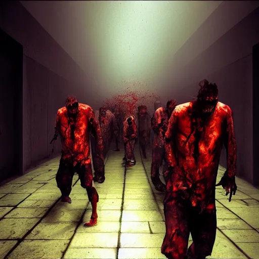 Image similar to “ horde of zombies running through a narrow hallway, bloody, hyper realism, moody lighting, 4 k ”