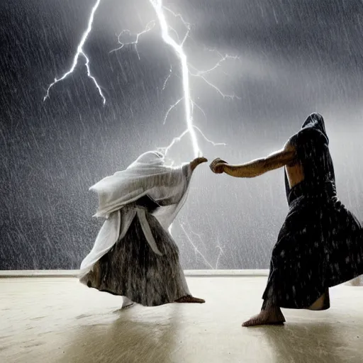 Prompt: wide cinematic shot of a wizard in a white robe fighting a wizard in a black robe during a thunderstorm. very suspensful