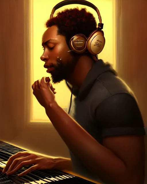 Image similar to light skin black man with headphones at his home studio producing music late at night, very detailed, 4 k, concept art like ernest khalimov, intricate details, highly detailed by greg rutkowski, ilya kuvshinov, gaston bussiere, craig mullins, simon bisley