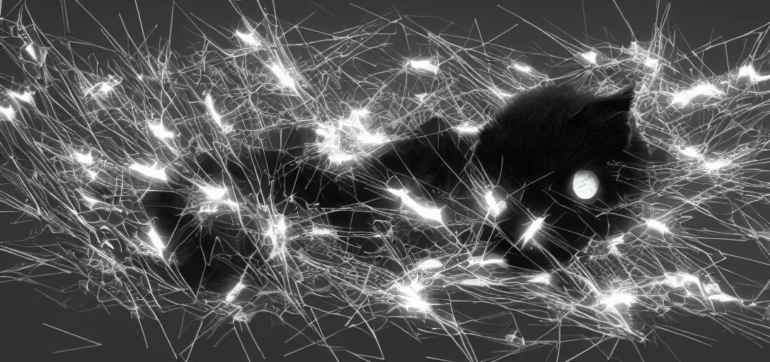 Prompt: nanobots swarm forming shapes of a cyborg cat and a cyborg cat, monochrome, ferroluid, hybrid, black and white artistic photo, artstation, futuristic, scifi style, energy