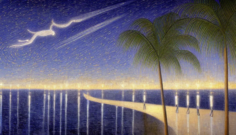 Prompt: a ultradetailed beautiful painting of the night sky of the rio de janeiro palace balustrade designed by tarsila do amaral, jules bastien - lepage, frank weston and gustave baumann, beach, trending on artstation, mediterranean, palm trees, sharp focus, lightning star sparkles refraced lines, soft light, 8 k