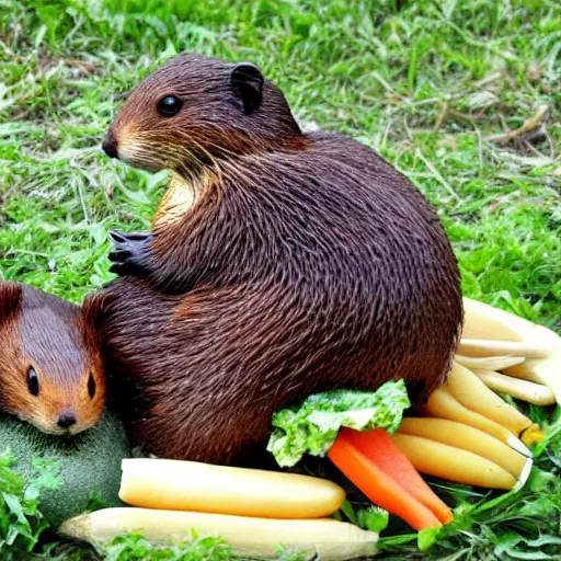 Image similar to real beaver and real duck sitting on vegetables