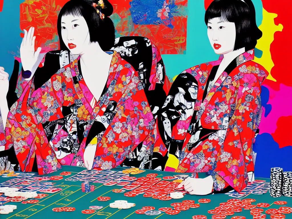 Image similar to hyperrealism composition of the detailed woman in a japanese kimono sitting at an extremely detailed poker table with darth vader, fireworks on the background, pop - art style, jacky tsai style, andy warhol style, acrylic on canvas