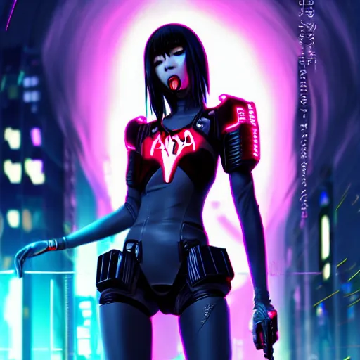 Image similar to An epic comic hyperrealistic portrait anime illustration of a cyber warrrior girl wearing futuristic wardrobe, black and reddis, ultradetailed face expression trending on artstation and artbreeder, cyberpunk 2077 color, heavy rainning at tokyo night, neon light rooftop, unreal 5, DAZ, 8k, unreal 5 engine render, cosplay, RPG portrait, final fantasy Vll world concept, dramatic lighting, rim lights, PS5 render quality