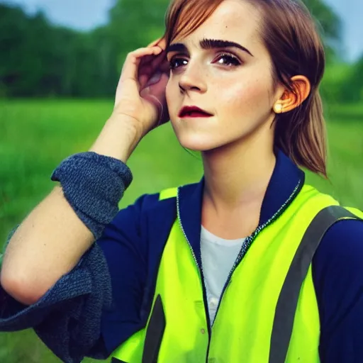 Image similar to photo, close up, emma watson in a hi vis vest, dipping tobacco, portrait, kodak gold 2 0 0,