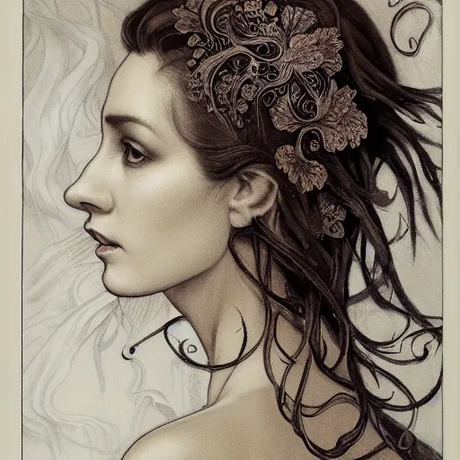 Image similar to facial portrait of a young pretty woman in flowing dress, arrogant, mysterious, long fine flowing hair, delicate, looking at camera, slightly awkward smile, realistic face, hands behind back, intricate, stylish, elegant, grimdark fantasy, flowers, art nouveau, extremely detailed painting inspired by Gerald Brom and Ernst Haeckel and Greg Rutkowski