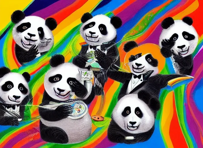 Image similar to “ an entire family of pandas in tuxedos and dresses riding in a speedboat with yung gravy on a rainbow in outer space. created in the style of salvador dali. high detail. ”