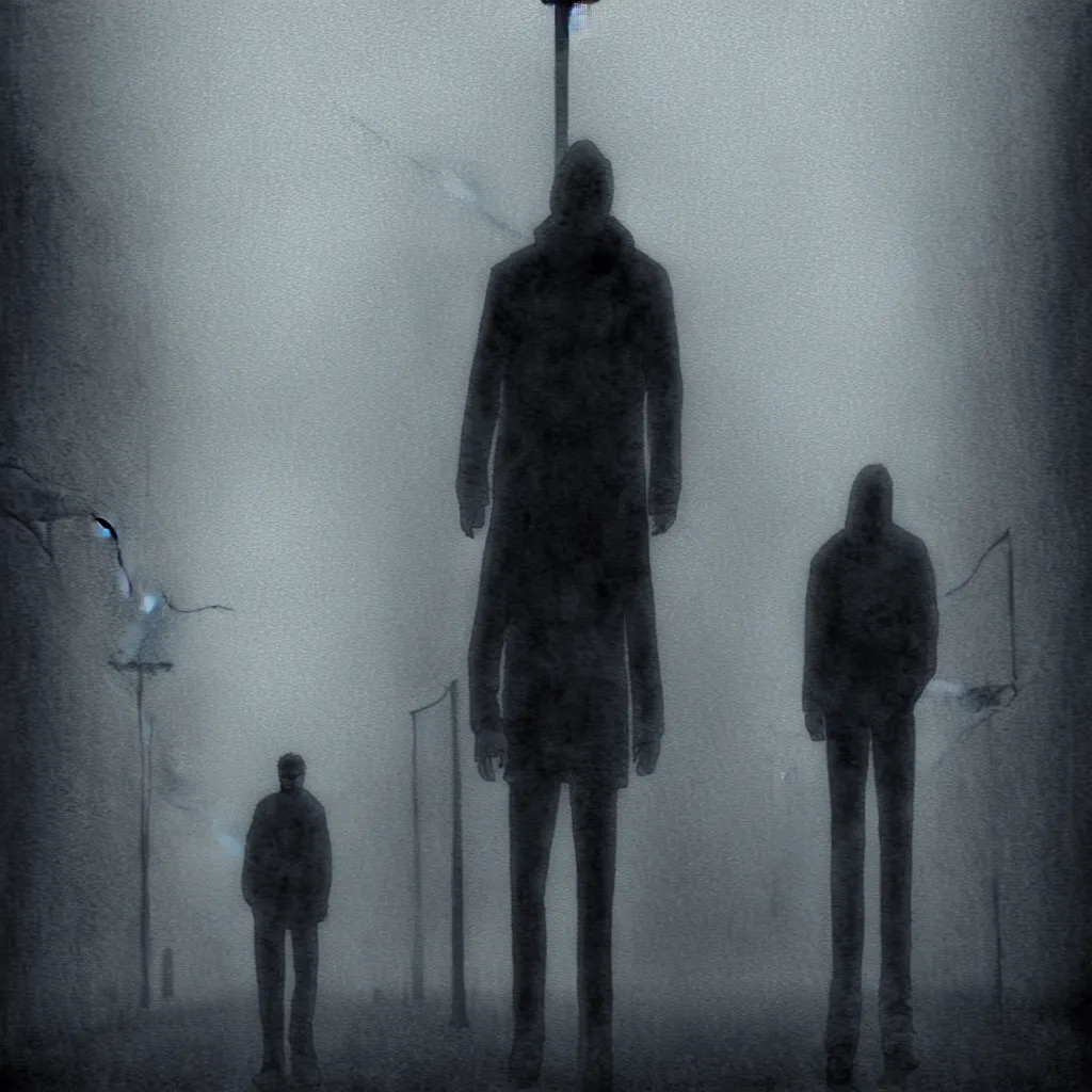 Prompt: A portrait of James Sunderland from Silent Hill 2 standing on a foggy street, digital art, moody, art by Masahiro Ito