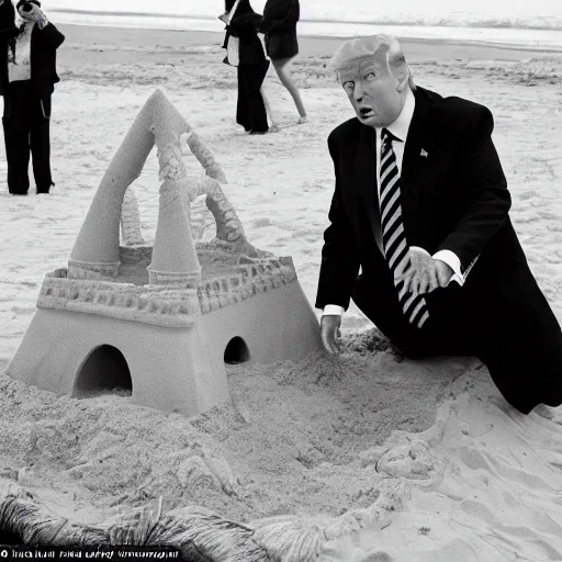 Image similar to Donald Trump at the beach making a sand castle with SpongeBob squarepants