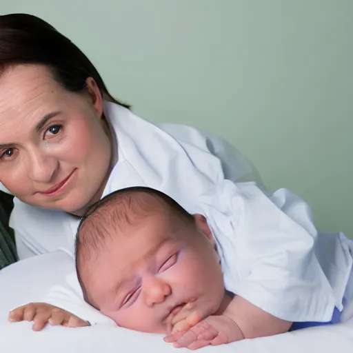 Image similar to a medical photography with flash of a baby with 2 heads on a hospital bed, closeup.