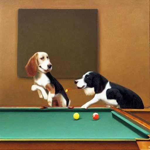 Prompt: two dogs playing billiards in the style of jack vettriano