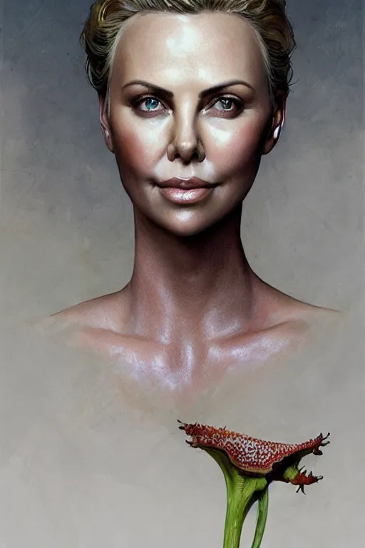 Prompt: Portrait of Charlize Theron as Venus flytrap, intricate, highly detailed, smooth, artstation, digital illustration by Ruan Jia and Mandy Jurgens and Artgerm and Wayne Barlowe and Greg Rutkowski and Zdislav Beksinski