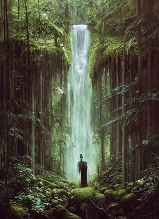 Image similar to a hyper realistic architectural witch shrine under a waterfall in the woods, gorgeous lighting, lush forest foliage, painting by chiara bautista and tom bagshaw, muca beksinski and norman rockwell and greg rutkowski weta studio, and lucasfilm