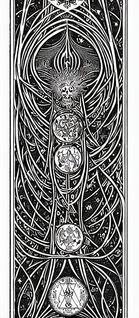 Image similar to a beautiful fractal tarot card featuring bold occult imagery with clean lines. skullpunk demon. dimension. haeckel. detailed adult coloring book