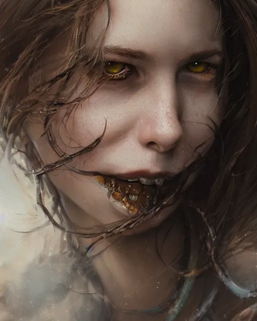 Prompt: portrait of 1 5 - year - old girl with voluminous bushy brown hair, large front teeth, and bright piercing brown eyes, hyper realistic face, beautiful eyes, fantasy art, in the style of greg rutkowski, intricate, hyper detailed, smooth