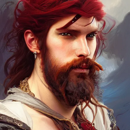 Prompt: portrait of a young ferocious pirate, male, masculine, upper body, red hair, long hair, soft hair, D&D, fantasy, intricate, elegant, highly detailed, digital painting, artstation, concept art, matte, sharp focus, illustration, art by Artgerm and Greg Rutkowski and Alphonse Mucha