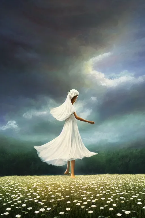 Prompt: giant white daisy flower on head, veiled girl walking in a flower field, surreal photography, sunrise, dramatic light, impressionist painting, colorful clouds, digital painting, artstation, simon stalenhag