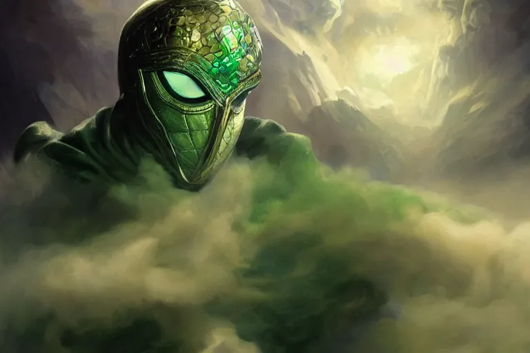 Prompt: Mysterio appearing gigantic emerging from a cloud of green smoke, trending on Artstation, highly detailed, HD wallpaper, 4k, photorealistic, digital art, art by artgerm and Greg Rutkowski and Alphonse Mucha